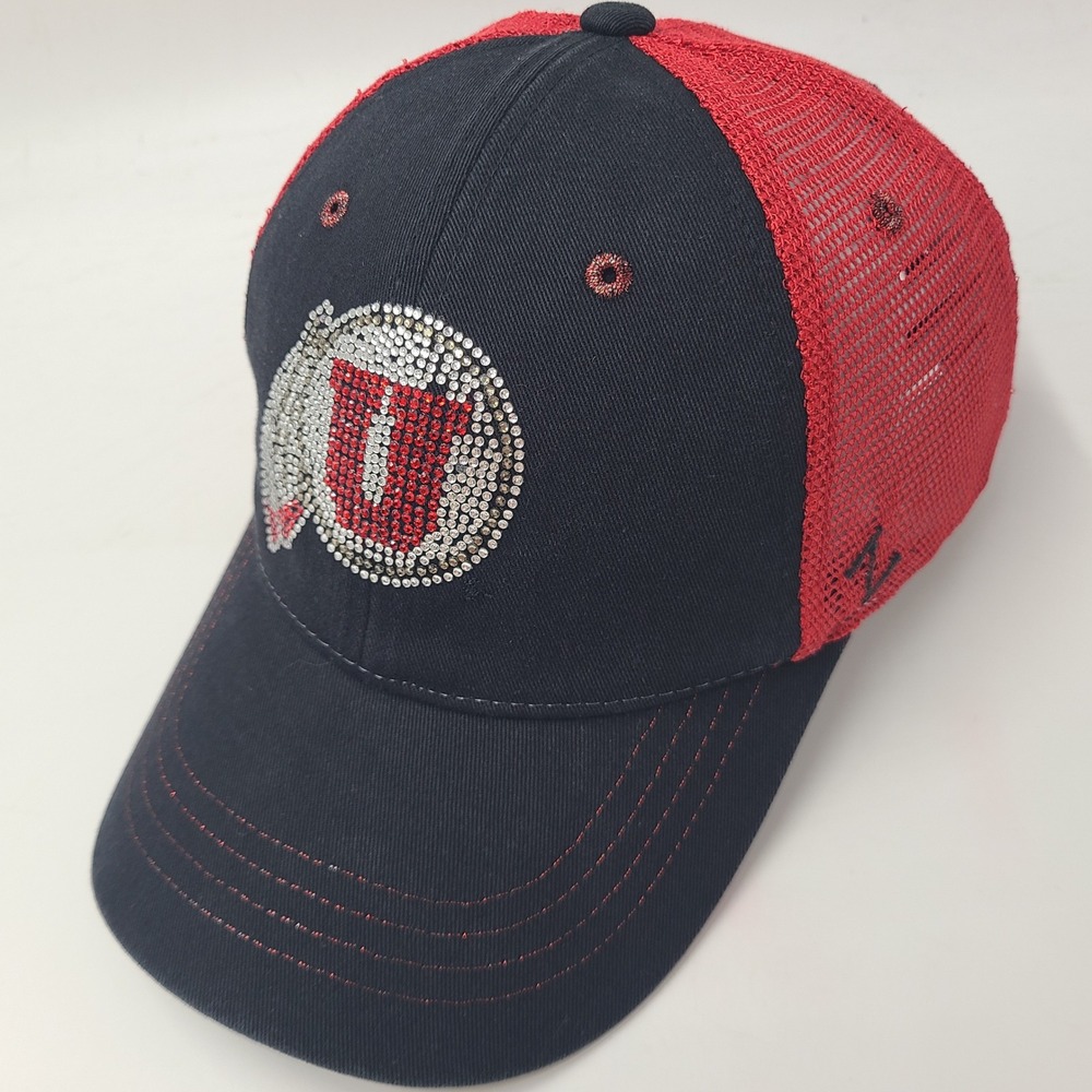 Women Utah Utes Hat Snapback Trucker Mesh Zephyr Black Red NCAA Bedazzled Bling